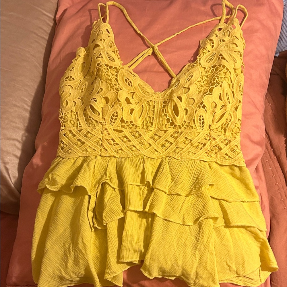 Chelsea & Violet Yellow Lace Ruffle Top